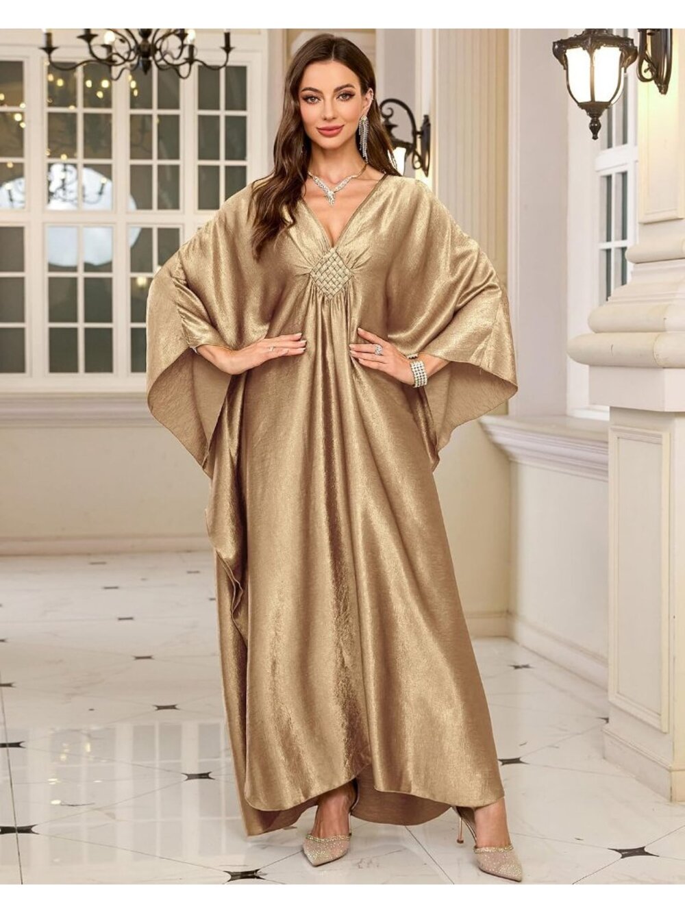 Women's Plus Size champagne Kaftan Maxi Dress V Neck Batwing Swimsuit Cover Up - Picture 4 of 6